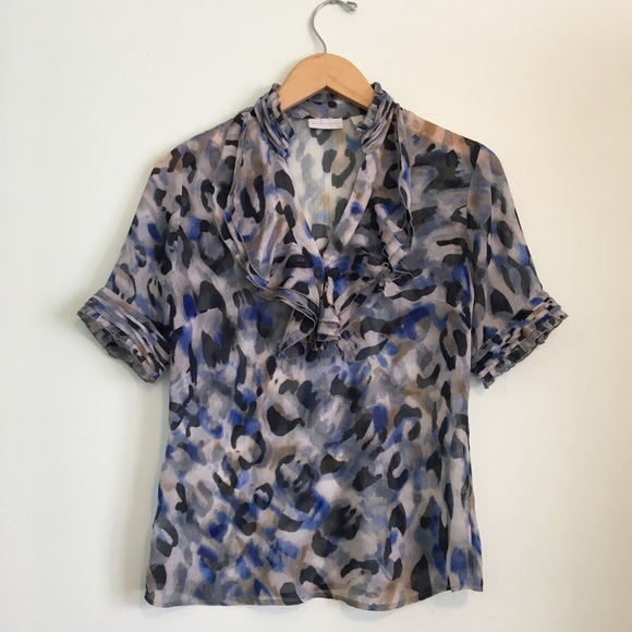 Blue Animal Print Sheer Blouse New York & Co Small - Picture 1 of 8